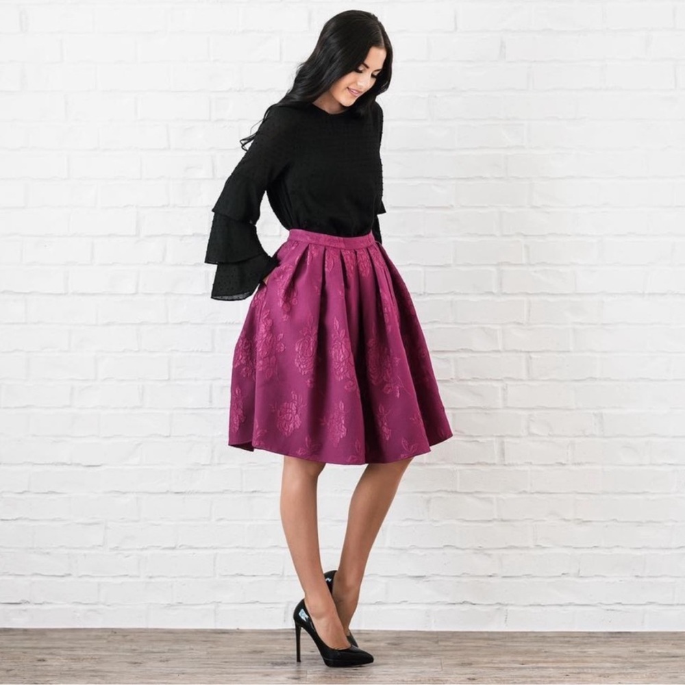 Rachel Parcell Magenta Pink Floral Jacquard Pleated Midi Skirt Pockets Large